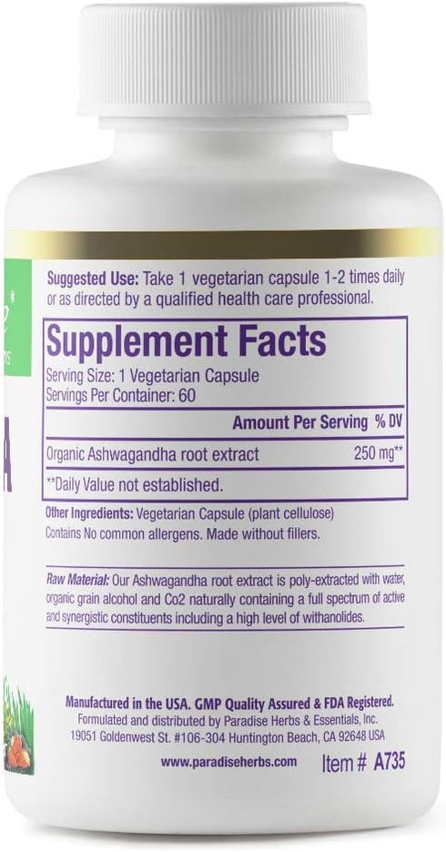 Paradise Herbs Organic Ashwagandha, Ayurvedic Adaptogen, Vegan, Non GMO, Gluten Free, 60 Vegetarian Capsules...