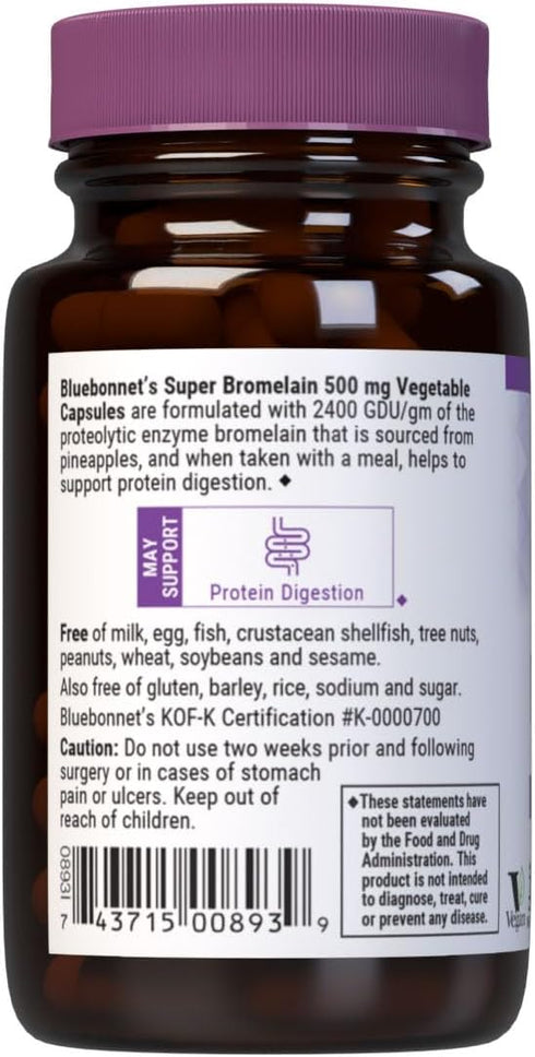 BlueBonnet Super Bromelain Vegetarian Capsules, Pineapple, 500 mg, 30 Count...