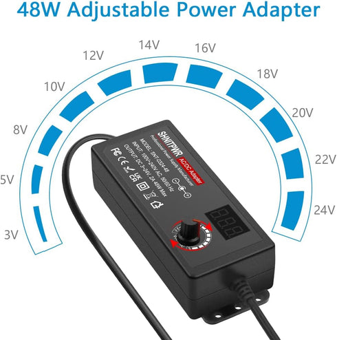 SHNITPWR Universal AC to DC Adapter 3V ~ 24V 2A 48W Switching Power Supply 3V 5V 6V 9V 12V 15V 18V 19V 20V 24V 1A 1.5A 2 Amps Adjustable AC/DC Con...