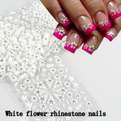 30Pcs/Set Glitter White Flower Nail Art Stickers, Small Floral Self Adhesive Nail Decals Nail Supplies White Flowers with Rhinestones Design- 3D N...