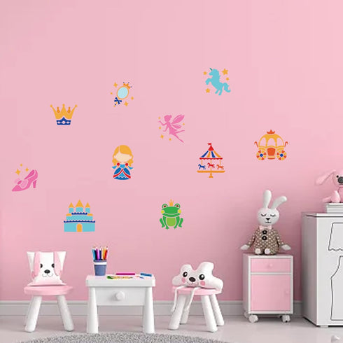10pcs Princess Fairy Stencil Crown Castle Crystal Shoes Frog Prince Carousel Painting Template 6×6inch with Paint Brush Fantasy Fairy Tale Stencil...