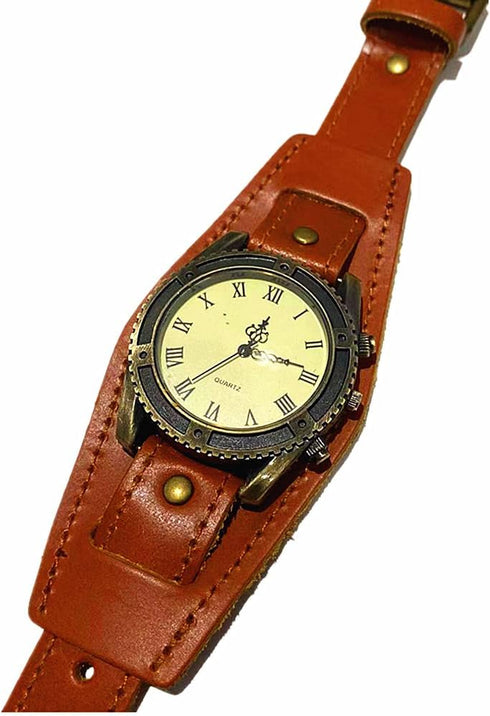 Vintage Retro Punk Men Wrist Watch Bronze Big Face Dial Wide Genuine Leather Band Cuff Quartz Watches...