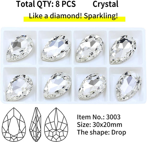 DONGZHOU Teardrop Crystal Rhinestones, Large Rhinestones Glitter Stones Glass Gemstones for Crafts, Jewelry Making, Shoes, Clothes, 30 x 20 mm, 8 ...