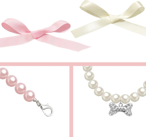 2 Pcs Dog Cat Pearl Collar Necklace with Rhinestone Bone, Fancy Cat Wedding Collar Jewelry for Girl Cat Puppy Dogs Accessories(Pink+White)...