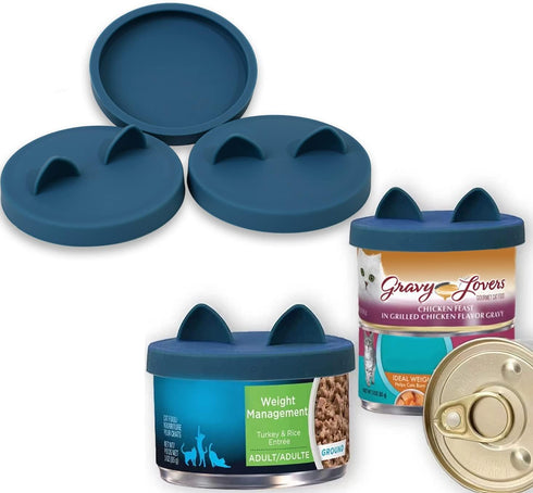 3 Pack Small Cat Food Can Lids, Silicone Pet Food Can Lids Covers for 3 oz 2.5 oz Cat Food Cans, Dark Blue...