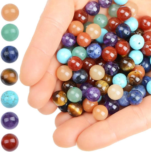 100Pcs Natural Crystal Beads Stone Gemstone Round Loose Energy Healing Beads with Free Crystal Stretch Cord for Jewelry Making (7-Chakra Beads, 8M...