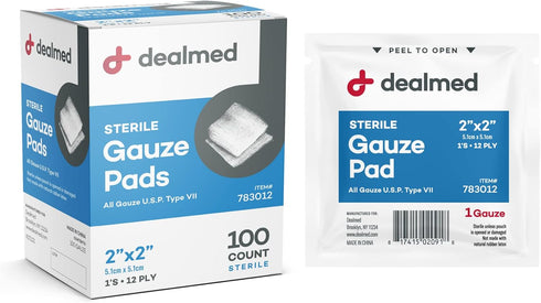 Dealmed 2’’ x 2’’ Sterile Gauze Pads (100 Count) Disposable and Individually Wrapped Medical Gauze Pads, Wound Care Product for First Aid Kit and ...
