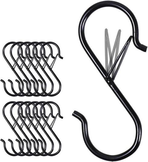 6 S-Hooks with Safety Clasps, Rustproof Coated S Metal Hooks for Hanging Plants, Kitchen Utensils, Jeans, Bags, Pots and Pans, 3.5-Inch, Black...