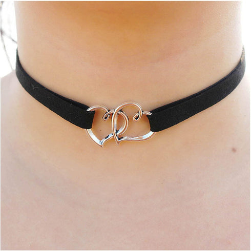 Punk Leather Choker Necklace Silver Heart Collar Chain Necklace Black Hollow Love Heart Necklace Chain Retro Velvet Choker Necklace Chain Jewelry ...