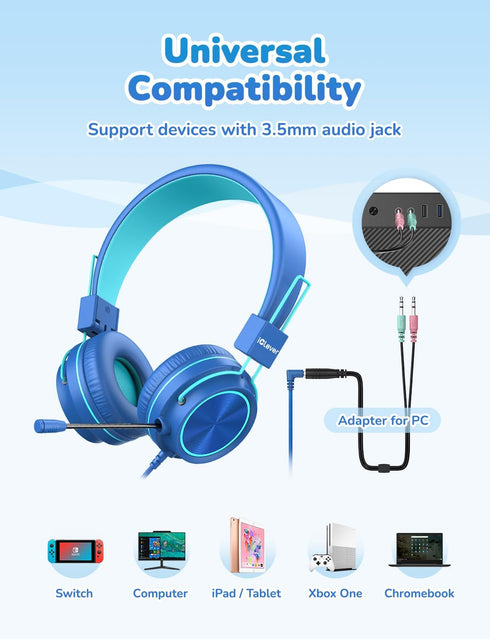 iClever HS21 Kids Headphones with Microphone for Virtual School- Rotatable Extendable Mic - 94 dB Volume-Safe Headphones for Kids, Wired Foldable ...