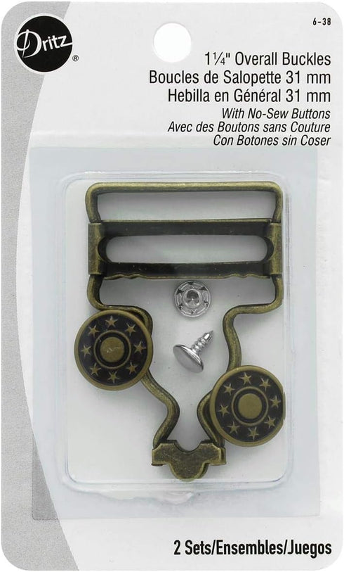 Dritz 6-38 Overall Buckles with No-Sew Buttons for 1-1/4-Inch, Antique Brass 2-Count...