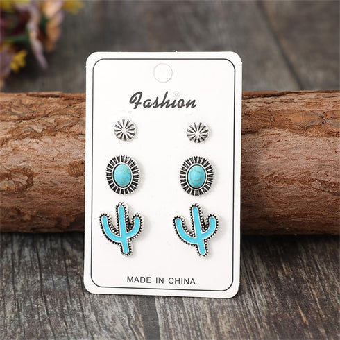 3Pcs Western Turquoise Stud Earrings Set Natural Turquoise Bohemian Cactus Pumpkin Flower Lightning Earrings Vintage Jewelry Gifts for Women Girls...