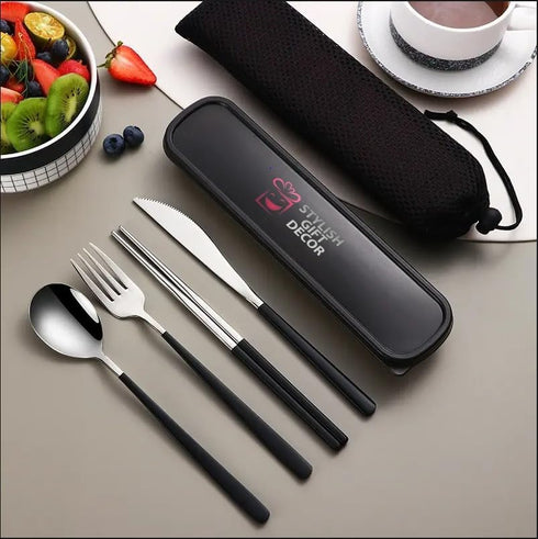 18/10 Portable Cutlery Spoon Fork Chopstick Gold Flatware Set with Case Travel Camping Outdoor Cutlery Set Stainless Steel-Black, Large...