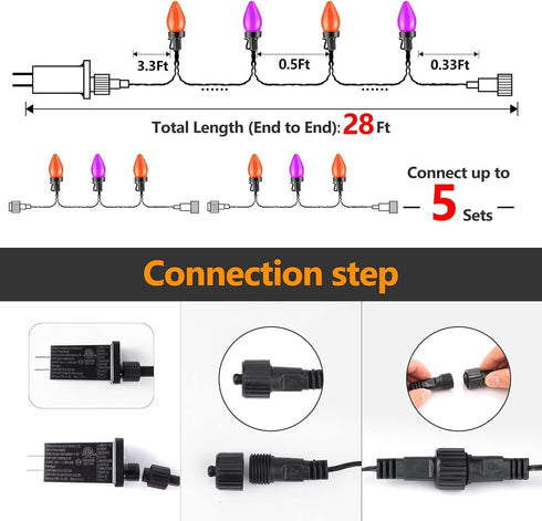 C7 Halloween String Lights - 50 LED 24Ft Smooth Bulb Orange Purple Lights - Extendable 8 Modes Fairy Halloween Lighting for Outdoor Garden Yard Ho...