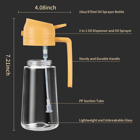 2 in 1 Oil Dispenser and Oil Sprayer, 470ml Oil Dispenser Bottle Spray and Pour, Glass Olive Oil Sprayer for Cooking, Food-Grade Oil Spray Bottle ...