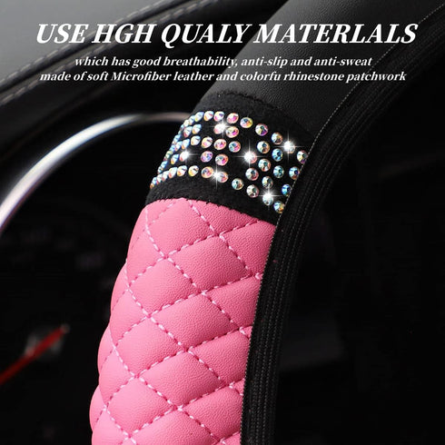 Diamond Leather Steering Wheel Cover for Women Girls, with Bling Bling Crystal Rhinestones, Universal Fit 15 Inch Car Steering Wheel Protector (Pi...