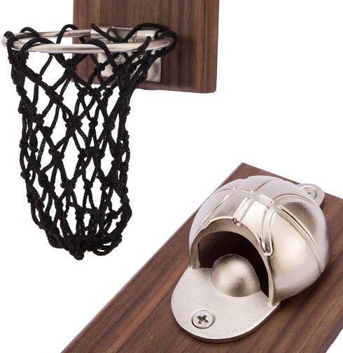 Magnetic Basketball Bottle Opener, Wooden Wall Mounted Opener with Cap Collector Catcher, Ideal Gift for Basketball and Beer Lovers, Use as Kitche...