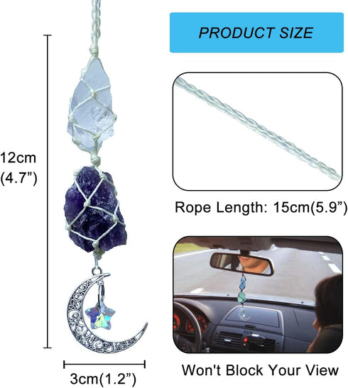Handmade Crystal Window Car Hanging Ornaments Rear View Mirror Car Decor Raw Stone Healing Crystals Moon and Star Decorative Car Accessories (Cele...