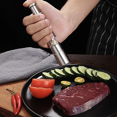 Premium Stainless Steel Salt Grinder Pepper Mill for Peppercorns Sea Salt and Spices, Thumb Push Button for 1 Hand Operation for Grinding Salt and...