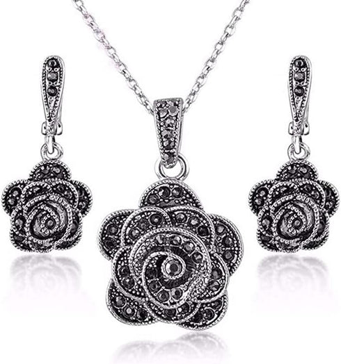 Vintage Black Crystal Geometric Rose Flower Necklace Earrings Fashion Jewelry Sets Christmas Day Gifts...