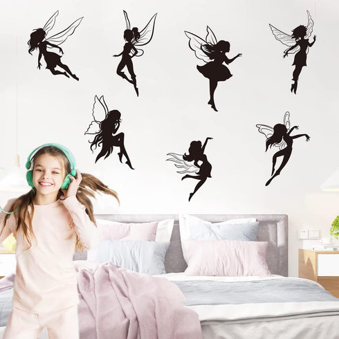 Black Fairy Girls Room Wall Decal DIY Cute Fairy with Large Wings Silhouette Wall Stickers Murals Decor Peel & Stick Baby Nursery Room Kids Bedroo...