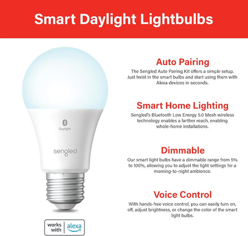 Sengled Alexa Light Bulb, S1 Auto Pairing with Alexa Devices, Smart Light Bulbs that Work with Alexa, Bluetooth Mesh Smart Home Lighting, Daylight...