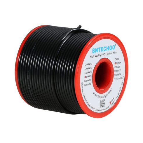 BNTECHGO 22 Gauge PVC 1007 Solid Electric Wire Black 100 ft 22 AWG 1007 Hook Up Tinned Copper Wire...