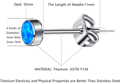 Earrings for Women, Titanium Opal Earrings Stud, Non-Nickel Girls Earrings, Hypoallergenic Earrings 3mm 4mm 5mm 7mm Round Birthstone Earring Studs...