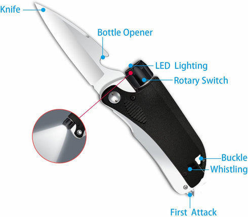Led Mini Flashlight 6-in-1 Utility Folding Pocket Knife with Bottle Opener Glass Breaker Buckle Whistling Multi-Function Emergency Tool for Hiking...