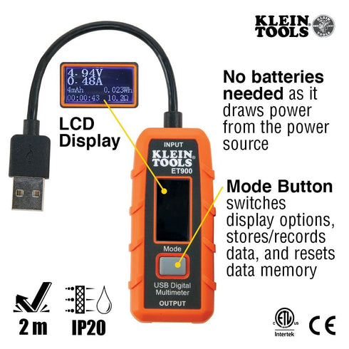 Klein Tools ET900 USB Power Meter, USB-A Digital Meter for Voltage, Current, Capacity, Energy Resistance...