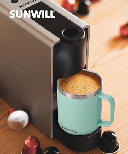 SUNWILL Insulated Coffee Mug with Lid, Travel Tumbler with Handle, 14 oz Stainless Steel Cup for Camping, Office, Home, Powder Coated Mint...