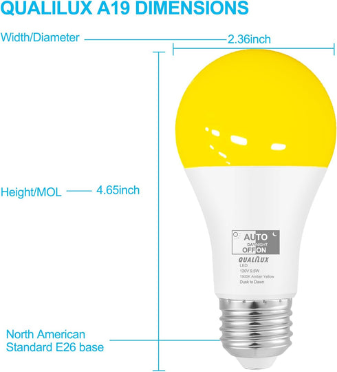 Dusk to Dawn Bug Light Bulbs Outdoor, 1900K Amber Yellow, 600 Lumen, LED 9.5W, A19 E26, 4-Pack, HQ-H018...