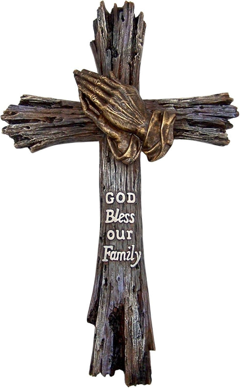 God Bless Our Family Wall Cross with Praying Hands, Rustic Wood Look, 13 Inches...