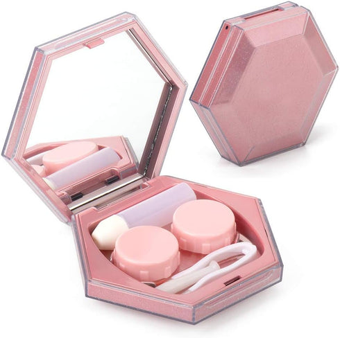 Contact Lens Case, Hexagon Sparkles Contact Lenses Cases with Mirror Remover Tool Tweezers Solution Bottle Portable Contacts Storage Container for...