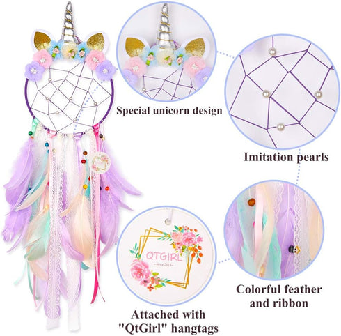QtGirl Dream Catchers for Kids Unicorn Wall Decor for Girls Bedroom Flower Feather Wall Hanging Decoration...
