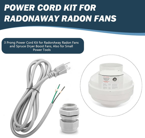 6Ft 3 Prong Power Cord Kit for RadonAway Radon Fans and Spruce Dryer Boost Fans, 18 Gauge Power Cord Also for Small Power Tools...