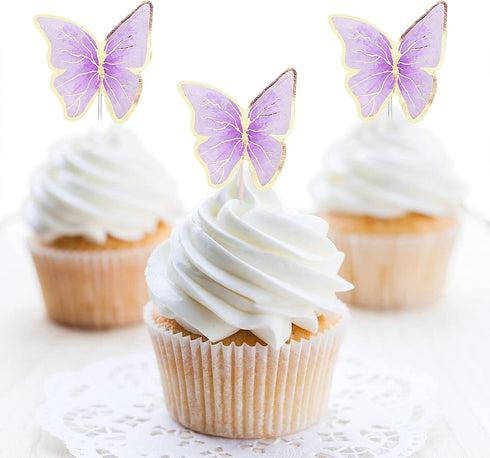 Set of 66 Pack Purple Gold Cupcake Toppers Mixed Size&Colour 3D Butterfly Cake Picks Decorations with Dot Glue and Support Stick for Girl Women We...