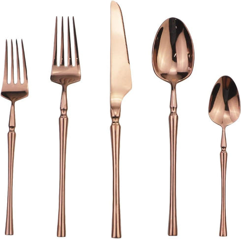 Copper Silverware Set, 5-Piece 18/10 Stainless Steel Flatware Cutlery Set for 1,Mirror Finish, Ideal for Wedding Festival Party Home Kitchen, Dish...