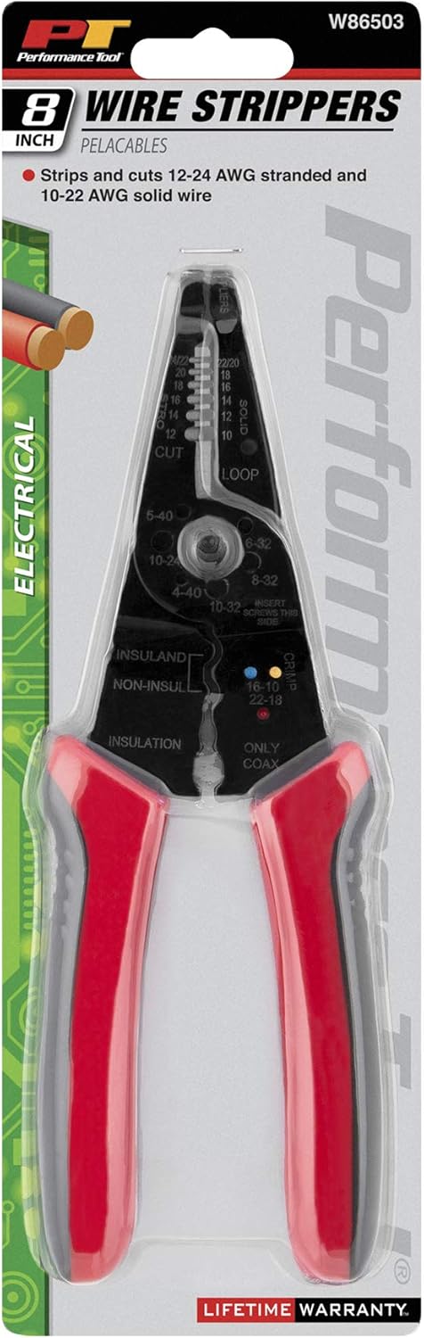 Performance Tool W86503 8-Inch Multi-Wire Cutter, Stripper and Pliers with Non-Slip Grip Handles for 10-20 AWG Solid and Stranded Copper Wire...