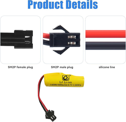 2 pcs 3.7V 14500 500mAh Batteries with 4 in 1 SM2P Charger for C2 D828 E35 DE38 DE40 DE50 DE55 TB202 TM141 Double Sided RC Stunt Car Small Tumblin...