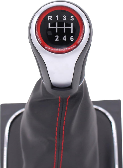 MOTOKU Black Leather with Red Stitching Gear Shifter Knob Boot Cover with 6 Speed Manual Shift Knob and Bracket Base Assembly for Volkswagen Jetta...