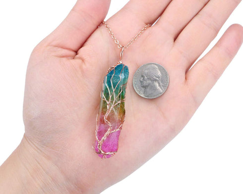 PESOENTH Crystal Necklace Life Tree Rainbow Quartz Gemstone Healing Stone Rose Gold Wire Wrap Necklace Crystal Jewelry Spiritual Gifts for Women...