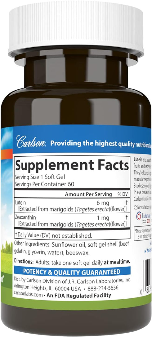 Carlson - Lutein, 6 mg, Healthy Vision & Eye Function, Antioxidant, 60 Softgels...