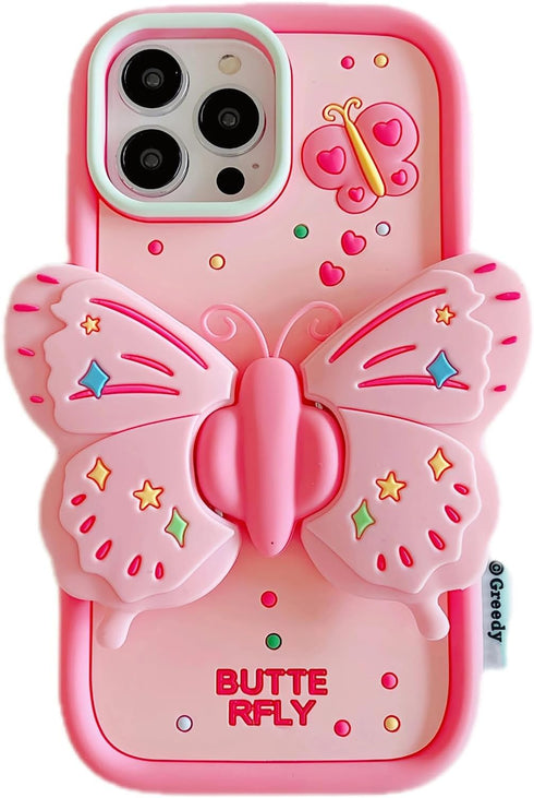 for iPhone 15 Pro Case Cute iPhone 14 Pro Case iPhone 13 Pro Case with Kickstand Stand Holder 3D Butterfly Silicone Girls Women Phone Cases Lens S...