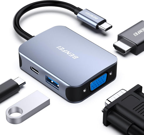 BENFEI USB C HUB 4in1, USB Type-C to HDMI VGA Adapter, USB C to USB Adapter, USB Type-C Power Delivery, Compatible with iPhone 15 Pro/Max, MacBook...