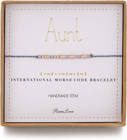 RareLove Aunt Morse Code Bracelets Best Aunt Christmas Gift Women Rose Golden Beads Grey String Bracelet...