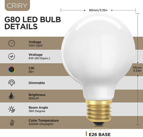 G25 Dimmable LED Globe Light Bulbs 60 Watt Equiv, 6W 5000K Daylight Bathroom Vanity Light Bulbs, G80 Large Edison Round LED Light Bulbs for Sputni...