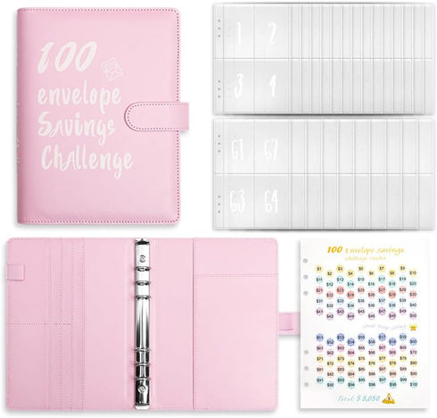 AUSTARK 100 Envelopes Money Saving Challenge, A5 Cash Saving Binder with 100 Envelopes & Tracker to Save $5050 (Pink)...