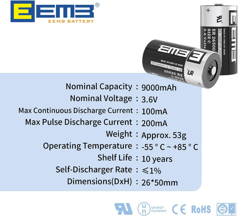 EEMB ER26500 C Size 3.6V Lithium Battery High Capacity Li-SOCL? Non-Rechargeable Battery LS26500 SB-C01 TL-2200 for Automobile tire Pressure Monit...