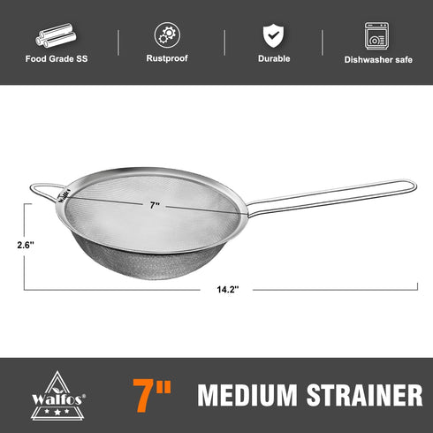 Walfos 7 Inch Fine Mesh Strainers, Premium Stainless Steel Colanders and Sifters, with Reinforced Frame and Sturdy Handle, Perfect for Sift, Strai...
